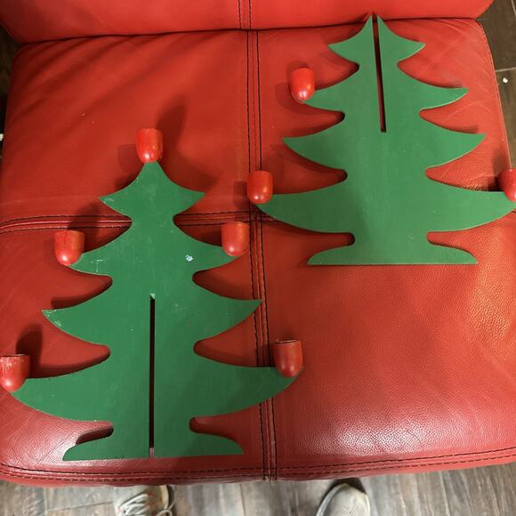 Swedish Wooden Christmas Tree Candle Holder 13" Interlocking Green Red Folk Art - Picture 3 of 4